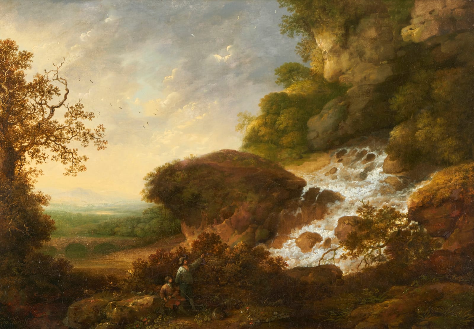George Smith of Chichester (Chichester 1714-1776), Landscape with goatherds near a waterfall
