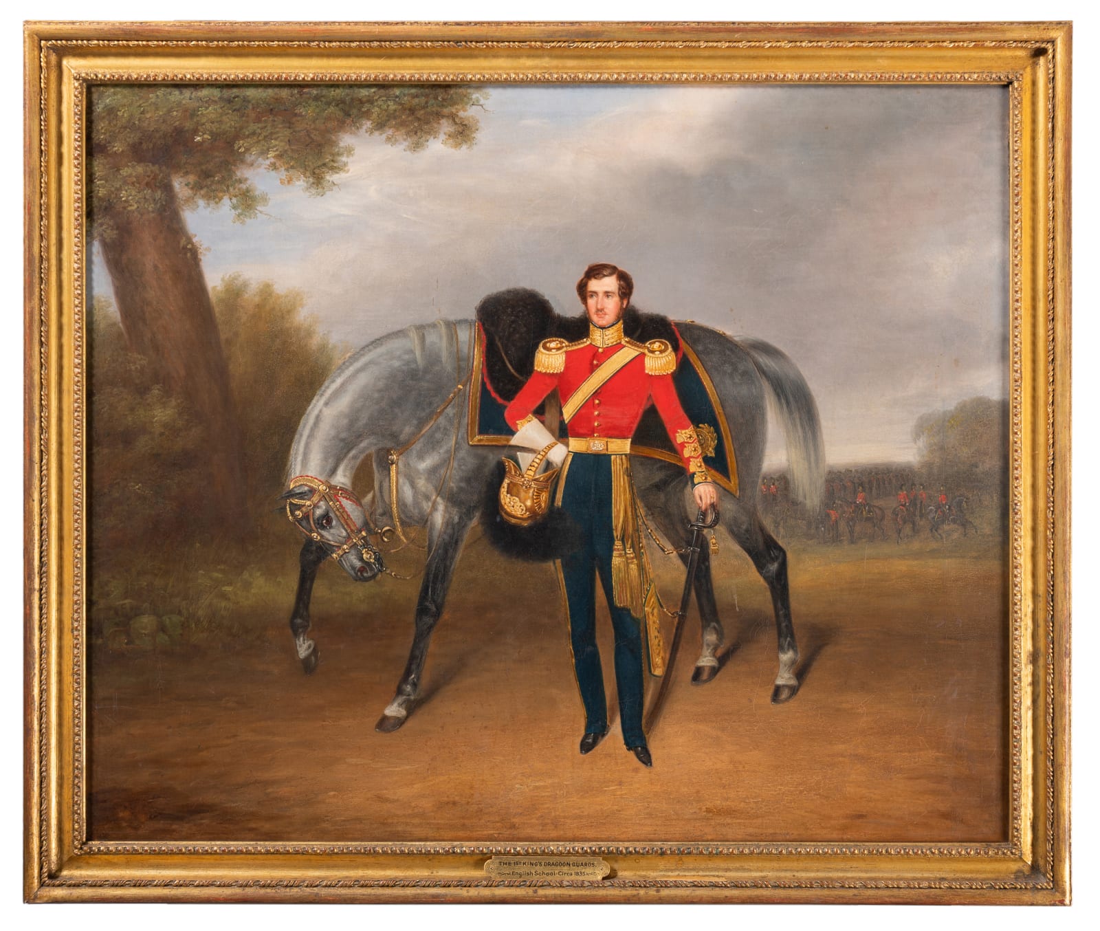 English School, circa 1835, An Oﬃcer of the 1st King's Dragoon Guards with his charger, a troupe of dragoon guards beyond