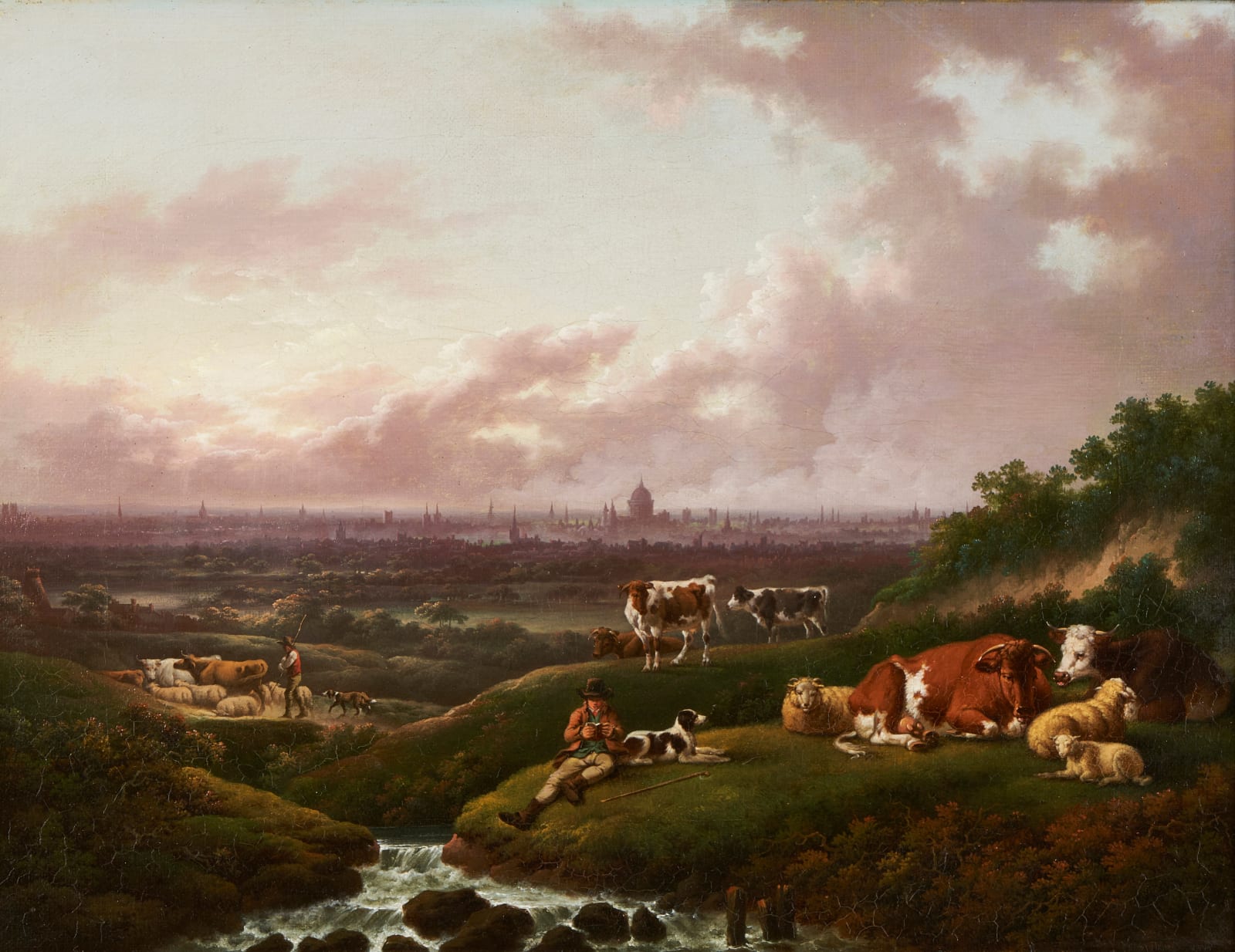 Charles Towne (1763-1840), London : A distant view of the city from the south with a herdsman and cattle in the foreground
