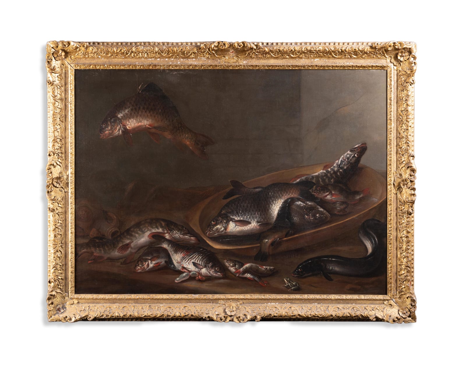 Isaac Van Duynen (Dordrecht 1628-1679 The Hague), Freshwater fish, an eel and a frog, on a table