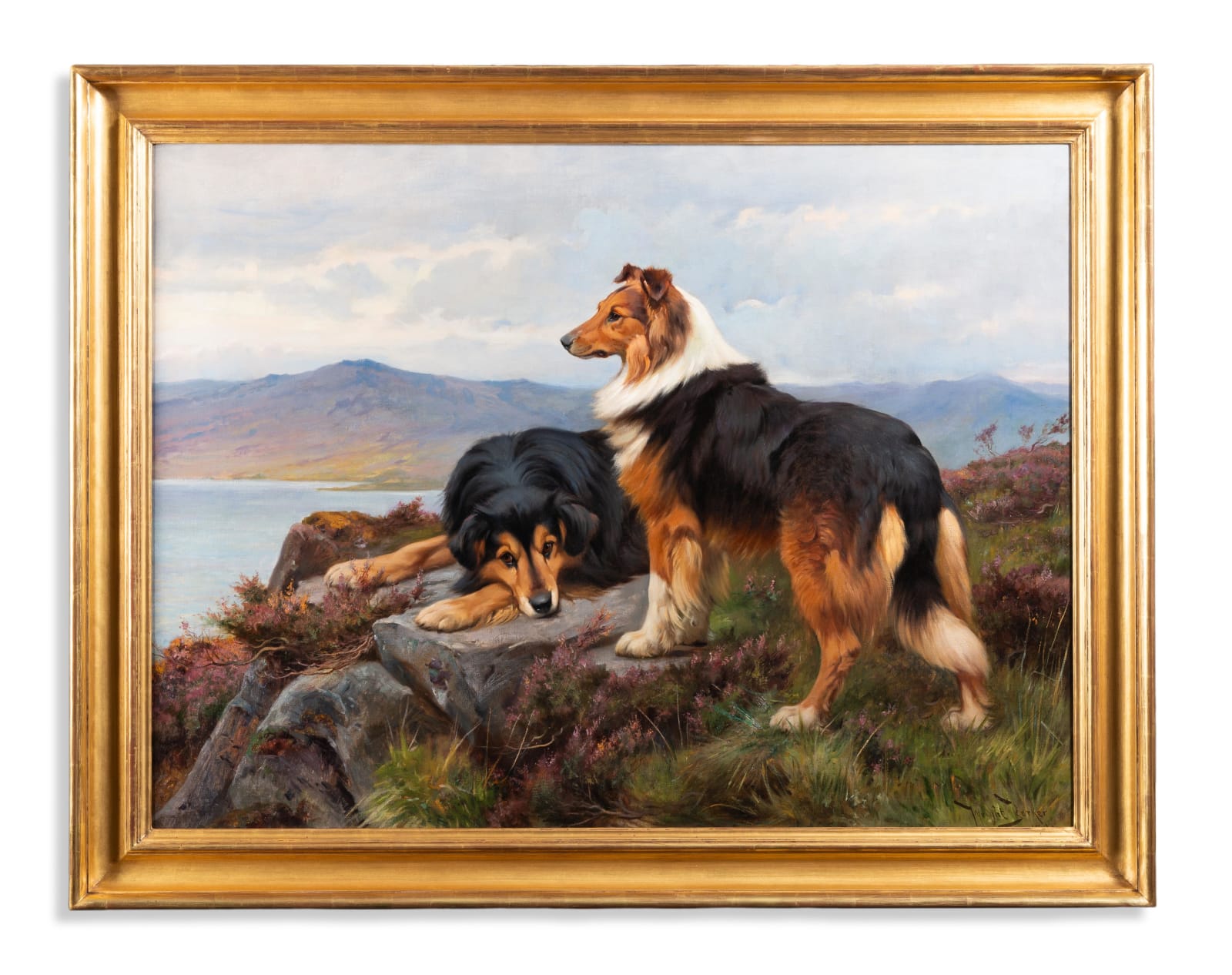 Wright Barker R.B.A. (1864-1941), Faithful companions - Collies in a Highland loch landscape