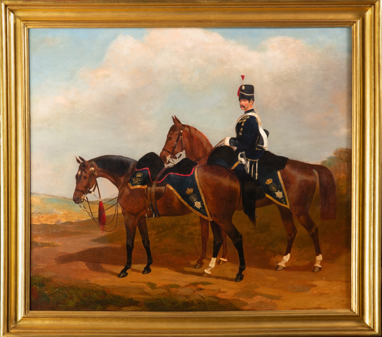 Henry Calvert (1798-1869), The 15th (The King's) Hussars: two chargers, one with an officer up, in a landscape, a camp beyond