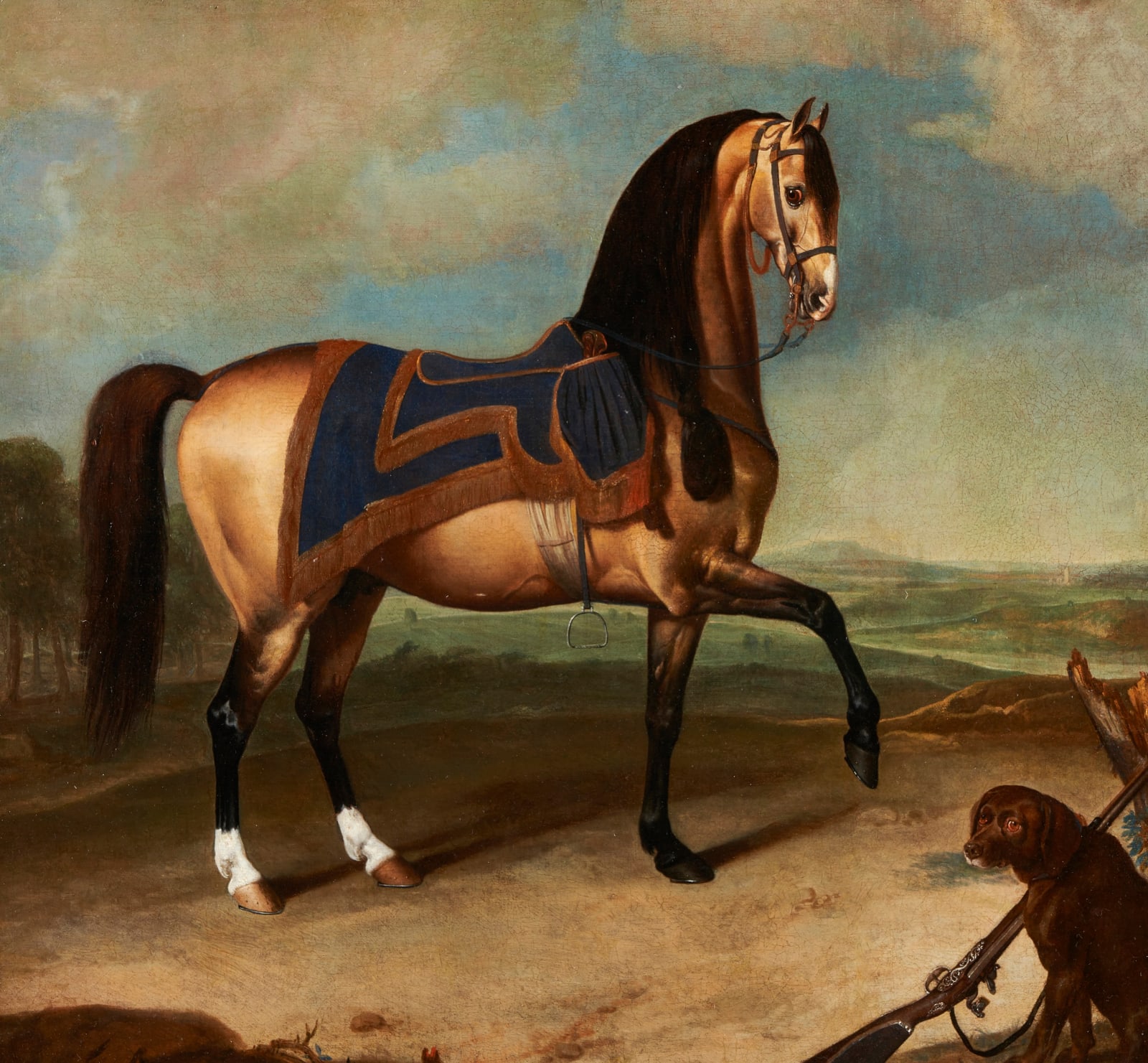 Johann Georg de Hamilton (1672-1737), A saddled officer's Arabian horse with a hound and gun, in a landscape