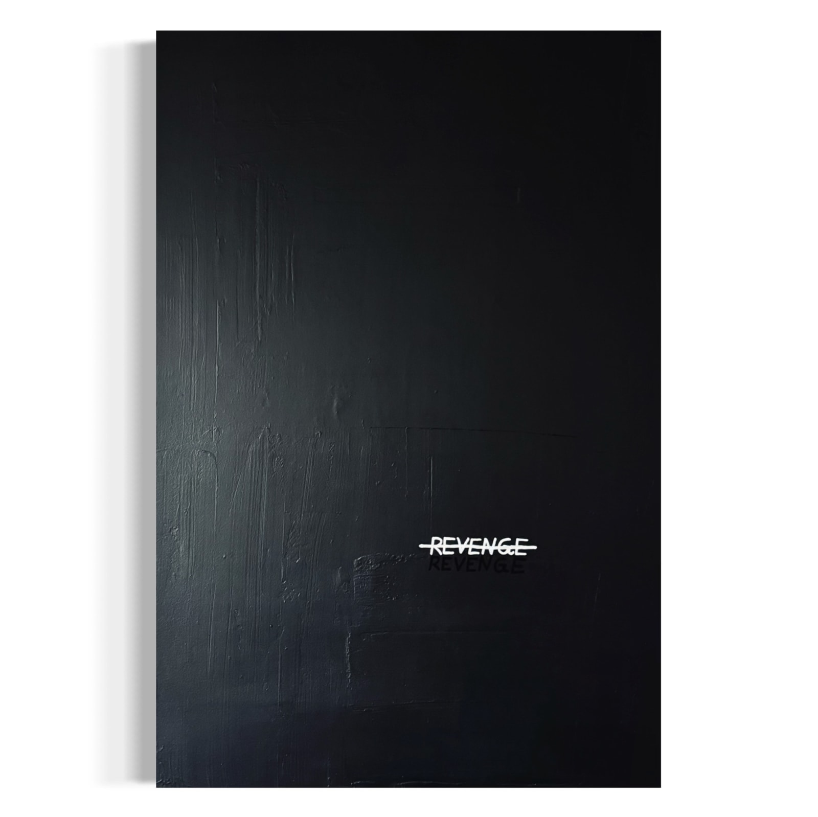 A vertical, minimalist black painting featuring the word 