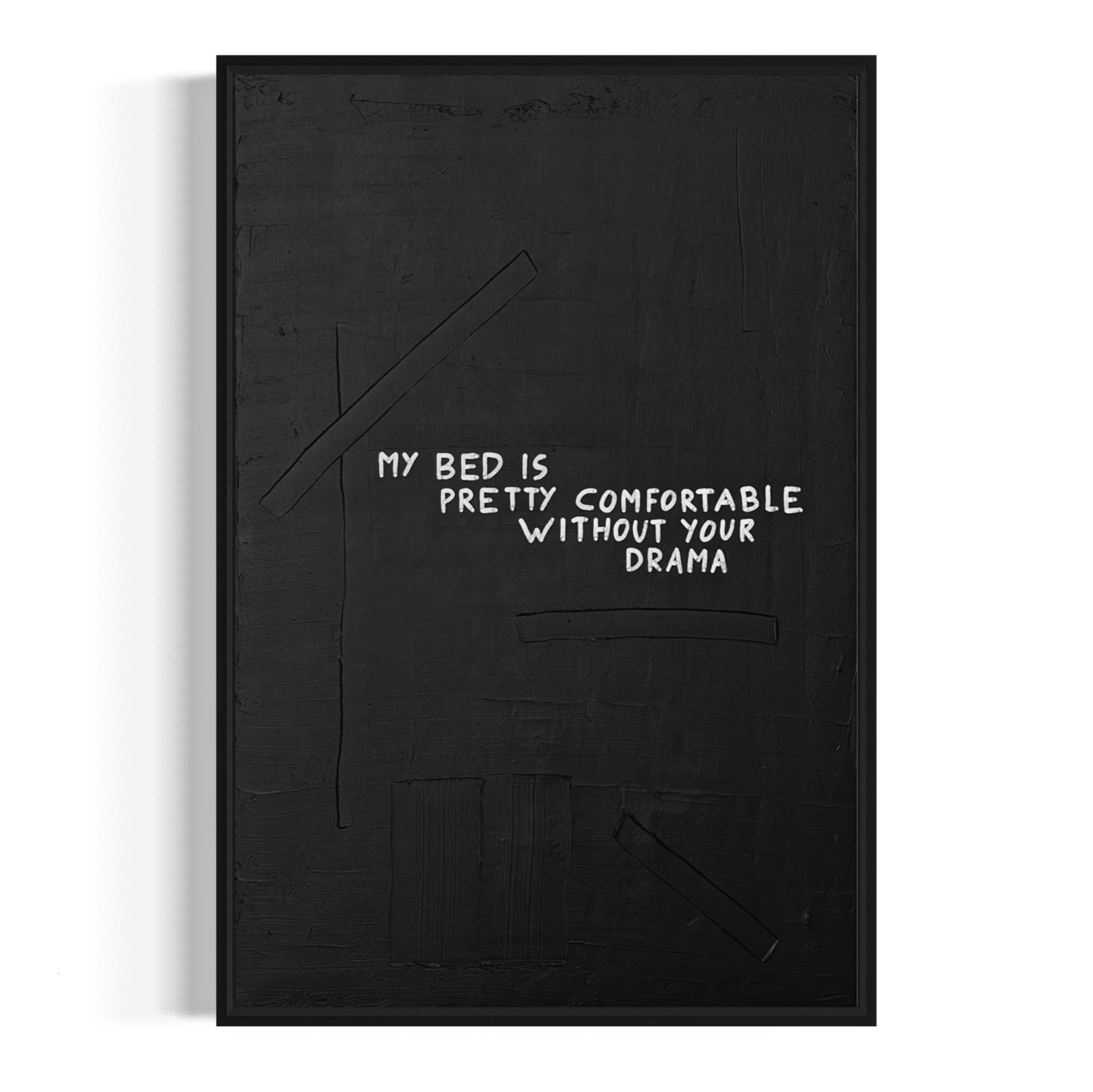 A vertical black and white typographic painting titled 