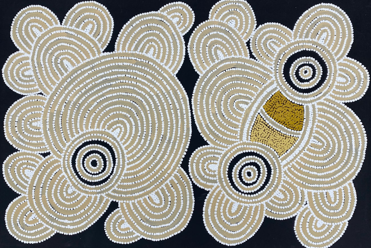 Two Women Dreaming by Debra Nangala Mcdonald, 2024, acrylic on Belgian linen, 90 x 60 cm, $1,250-