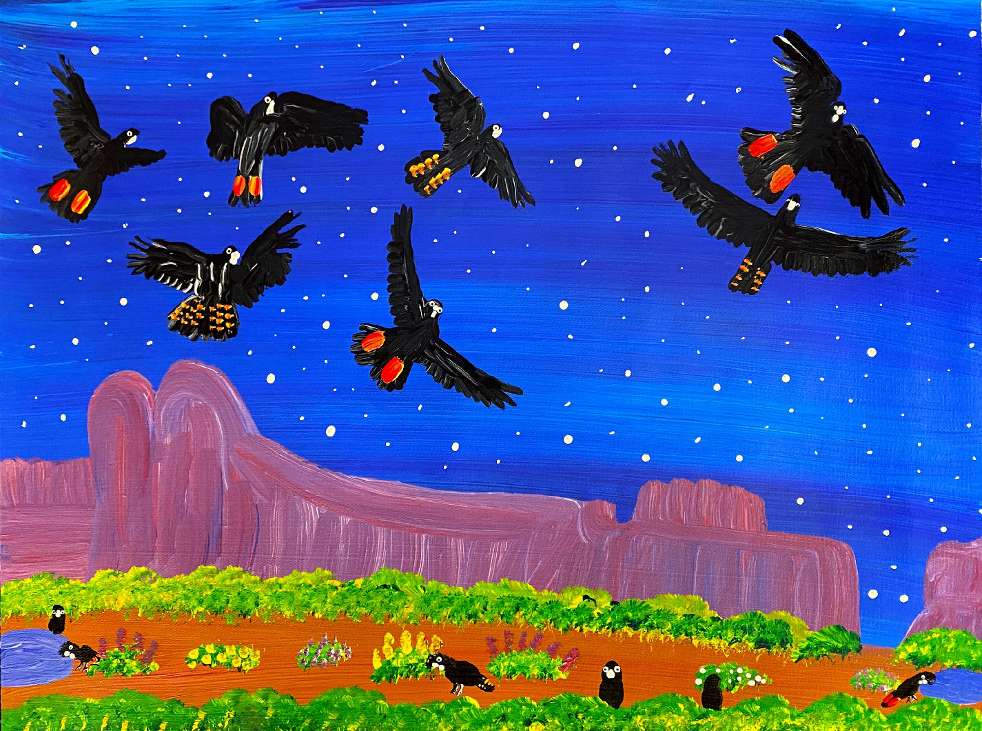 Red-bums flying in the blue starry sky by Kukula McDonald