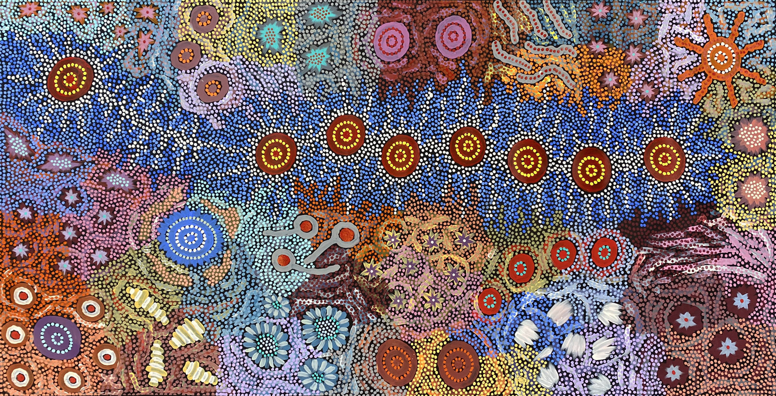 Seven Sisters & Grandmother's Country by Michelle Possum Nungurrayi, 2024, acrylic on canvas, 80 x 160 cm