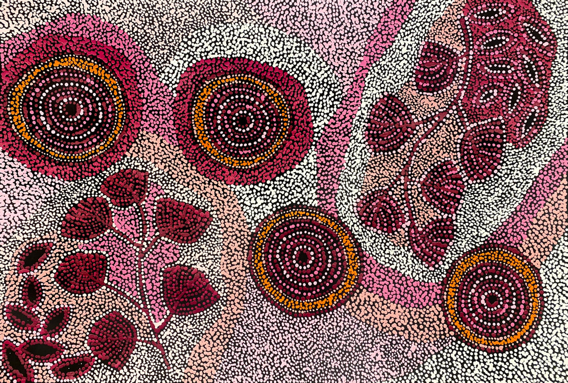 Wangunu (Bush Damper Seed) by Alison Munti Riley, 2023, acrylic on Belgian linen, 60 x 90 cm