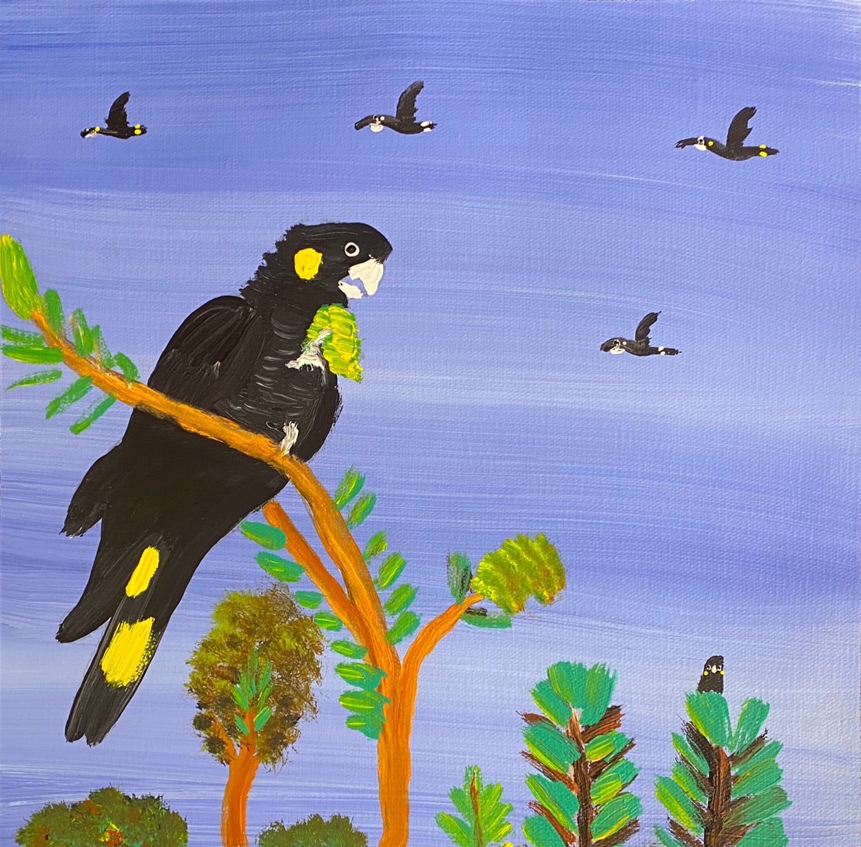 Yellow-bum Chewing on His Grevillea Flower by Kukula McDonald, 2024, acrylic on linen, 30 x 30 cm