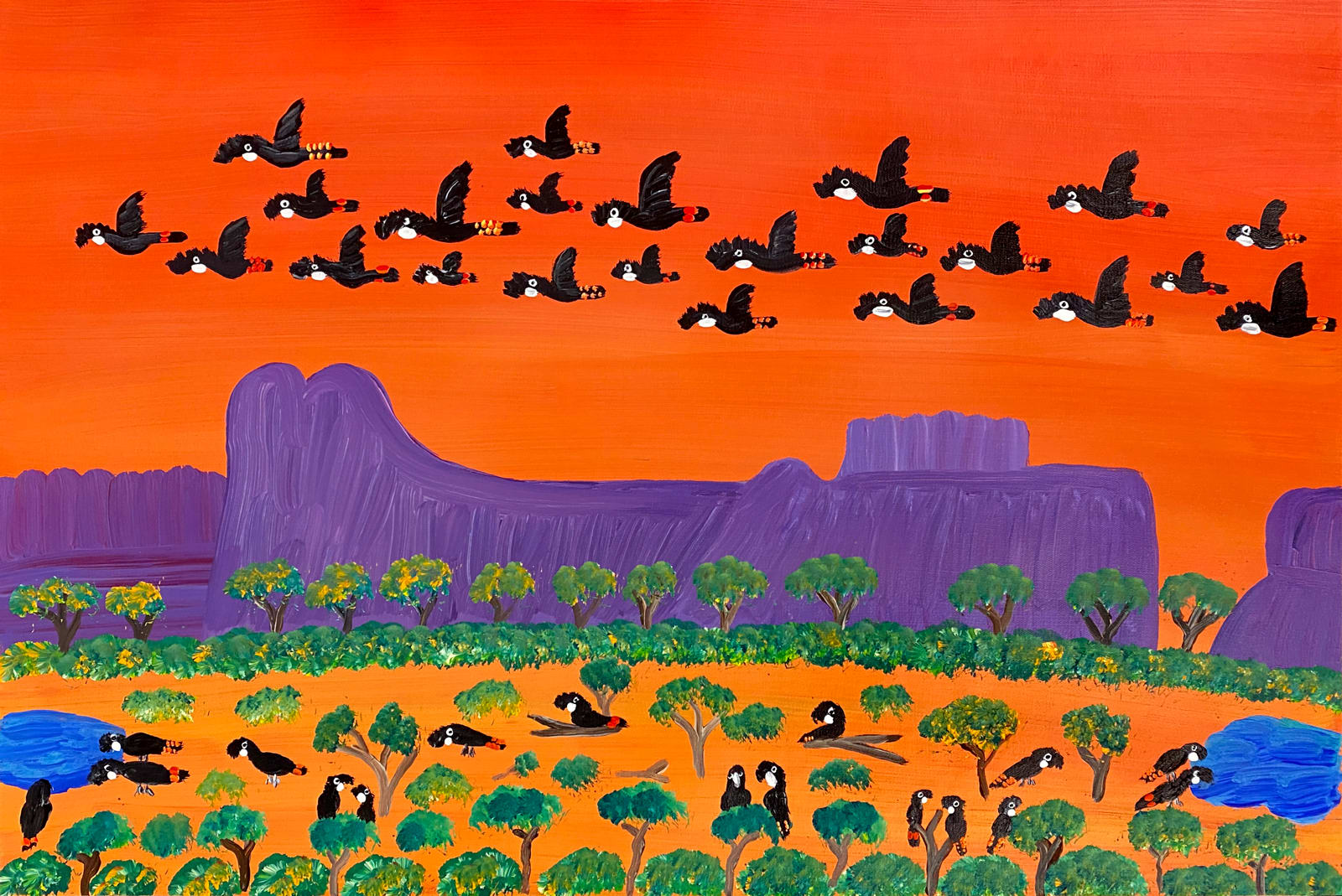 Red-bums Having A Drink Then Flying Home by Kukula McDonald, 2024, acrylic on linen, 60 x 90 cm