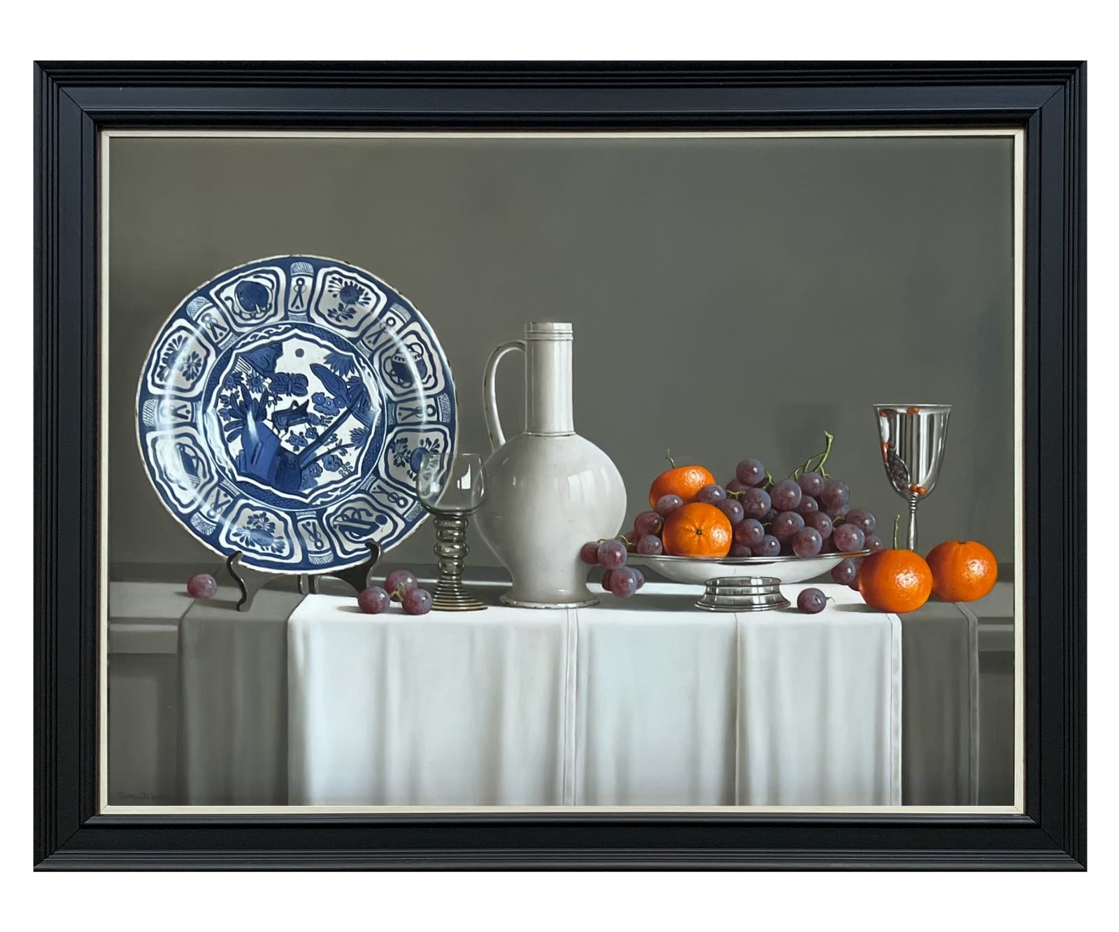Tony de Wolf, Blue & White Plate, Vase, Grapes and Tangerines