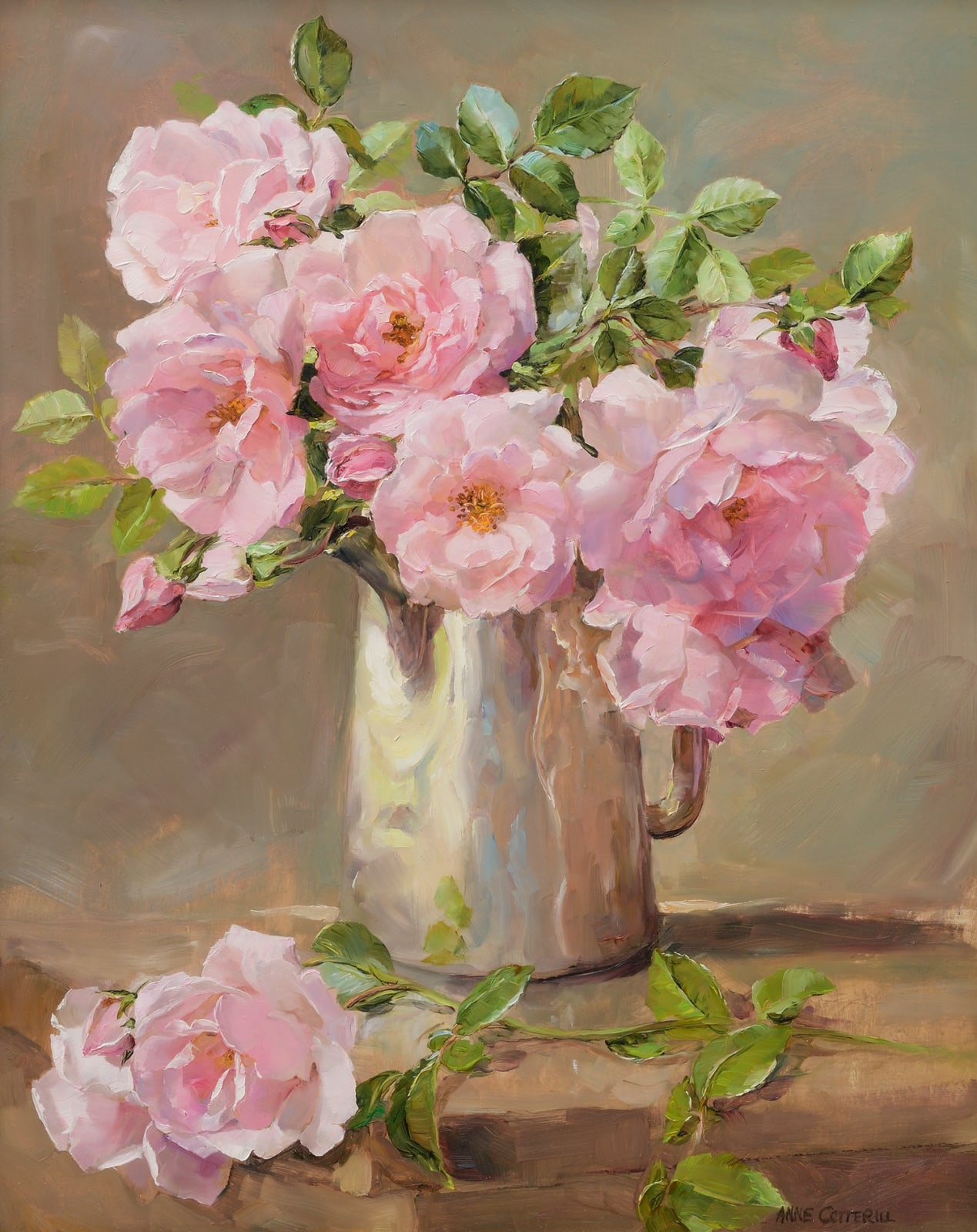 Anne Cotterill, Pink Roses in the Old Silver Jug