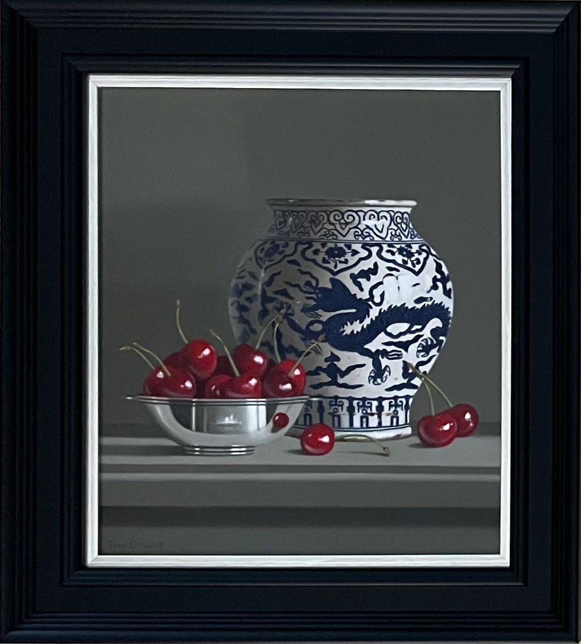 Tony de Wolf, Dragon Vase with Cherries in Silver Bowl
