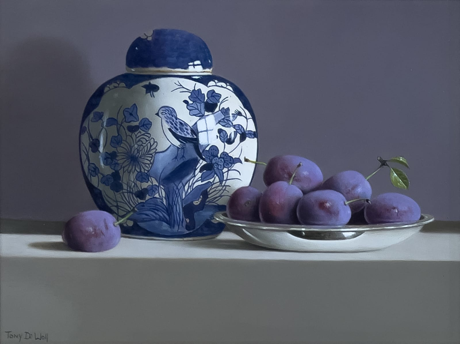 Tony de Wolf, Porcelain Vase with Plums in Silver Dish