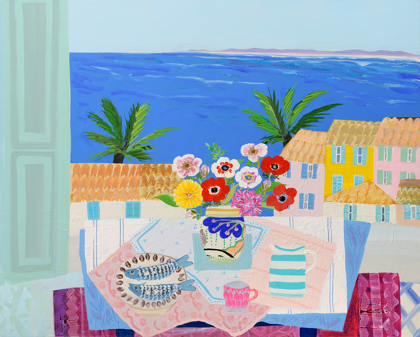 Emma Williams, Mixed Anemones in Deco Pot view to Cap de Antibes, 2022