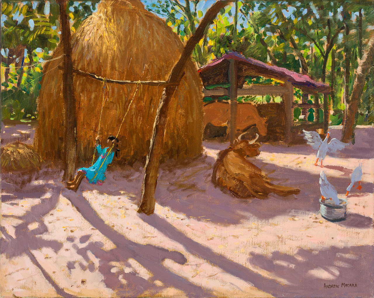 Andrew Macara RBA NEAC, Haystack and Girl on a Swing, Kerala, India