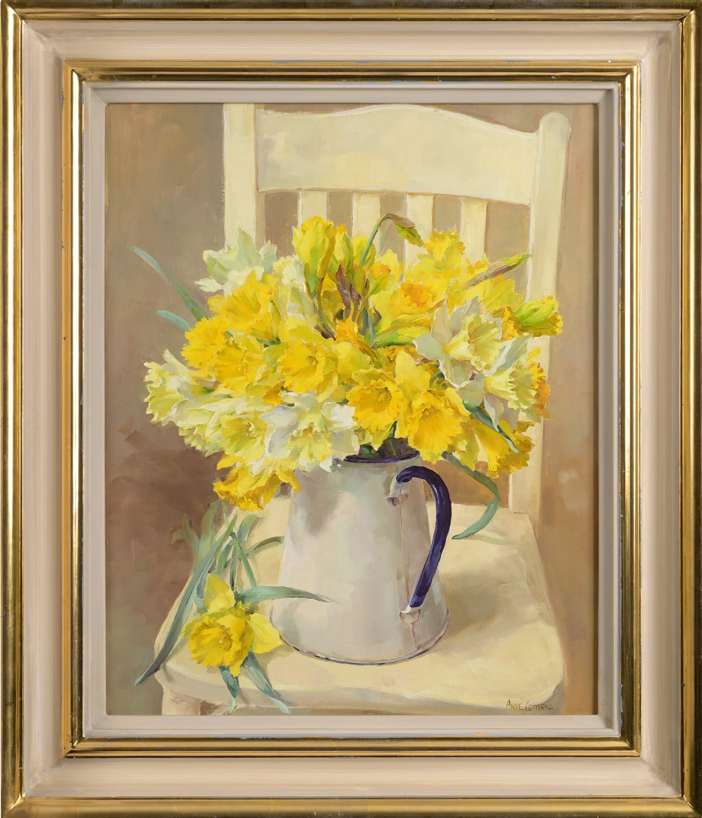 Anne Cotterill, Daffodils in Enamel Jug on Chair