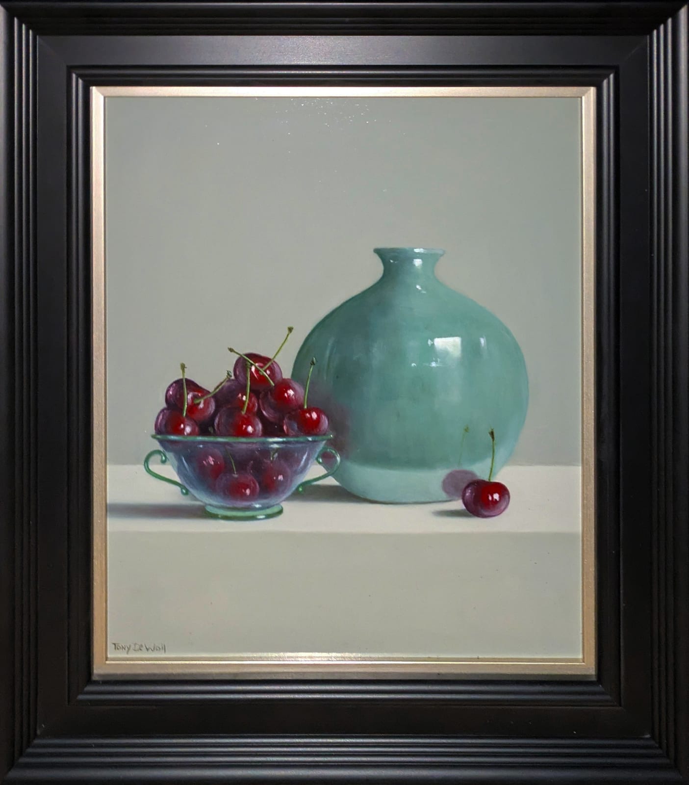 Tony de Wolf, Blue Balloon Vase and Glass Bowl of Cherries