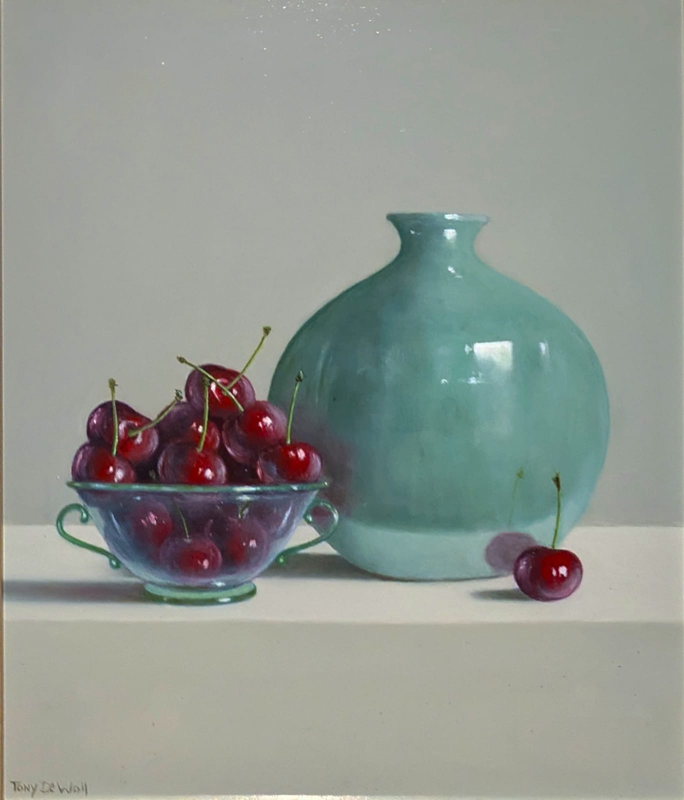 Tony de Wolf, Blue Balloon Vase and Glass Bowl of Cherries