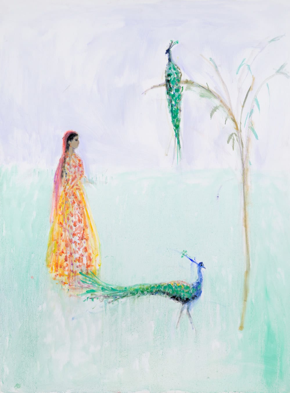 Ann Shrager NEAC, Lady in Yellow and Orange Sari with Peacocks