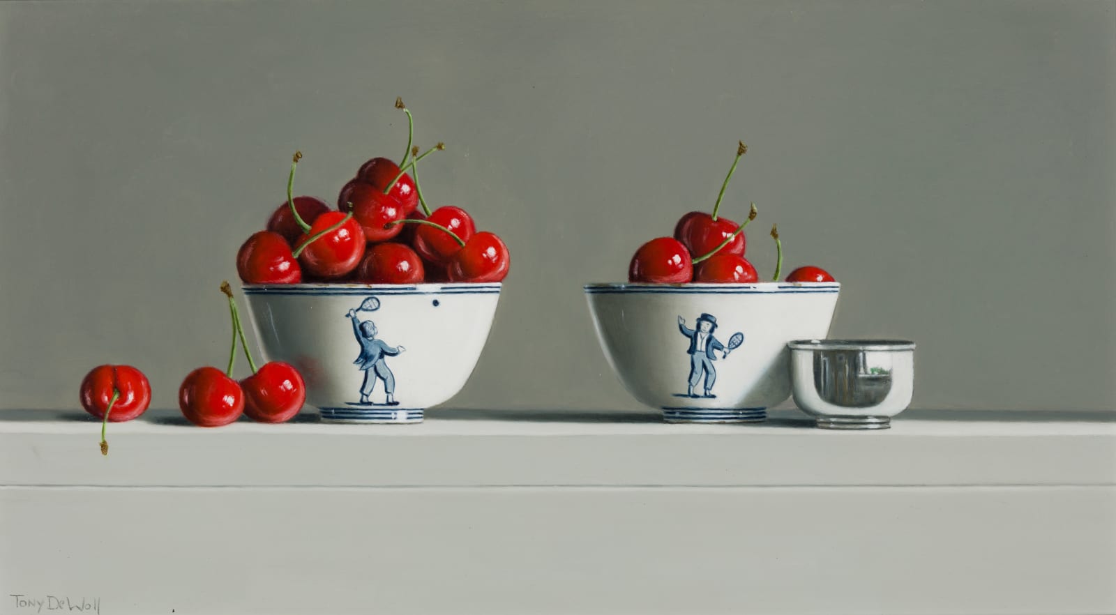 Tony de Wolf, Two Bowls and Silver with Cherries