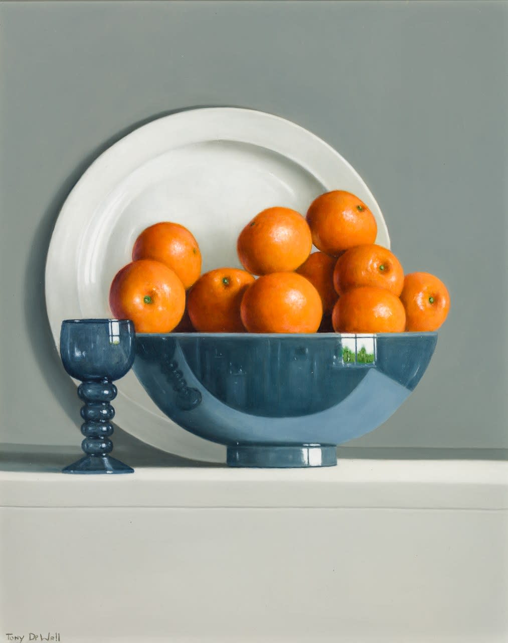 Tony de Wolf, Blue Bowl with Oranges, Blue Wine Glass and White Plate