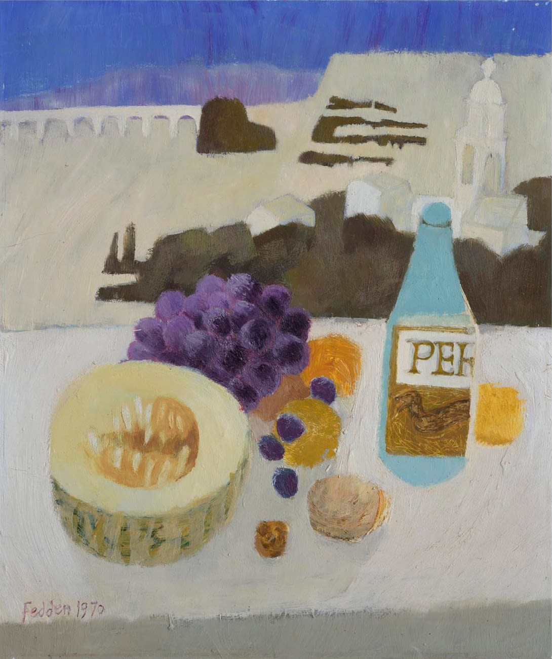Mary Fedden OBE RA PPRWA, Still life with Fruit and Bottle