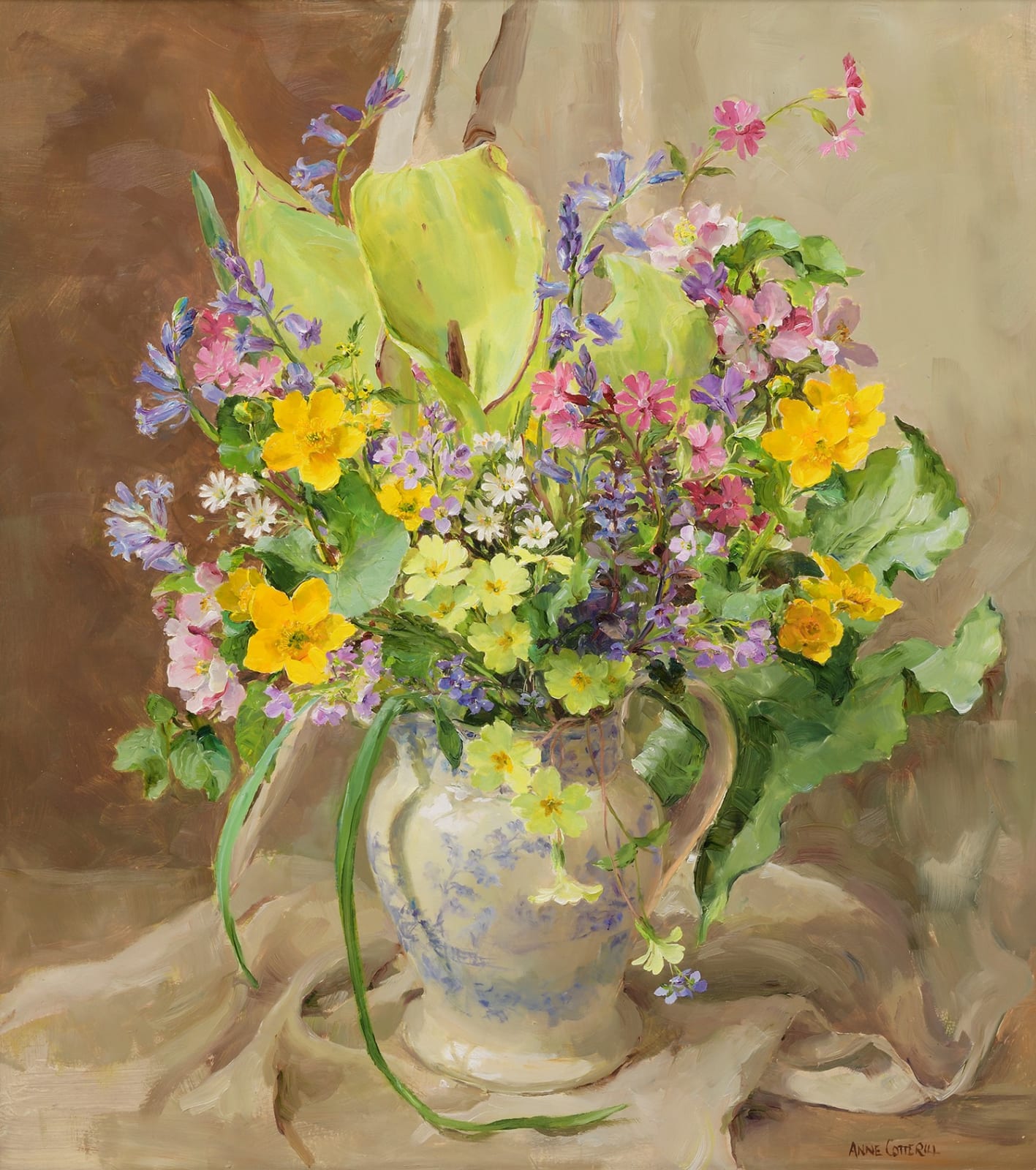 Anne Cotterill, Mixed Spring Blue and White Flowers in a Blue and white milk jug