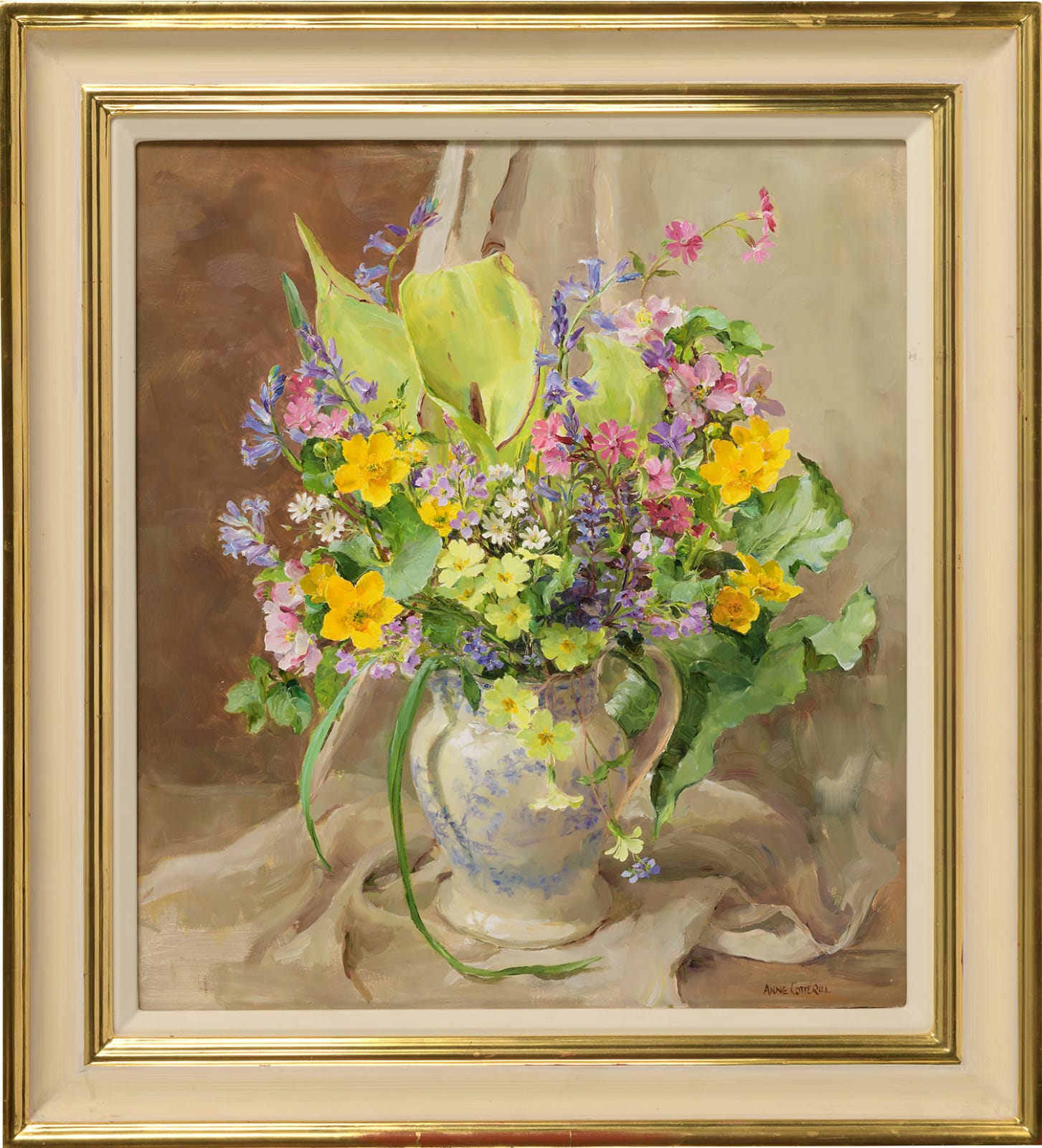 Anne Cotterill, Mixed Spring Blue and White Flowers in a Blue and white milk jug