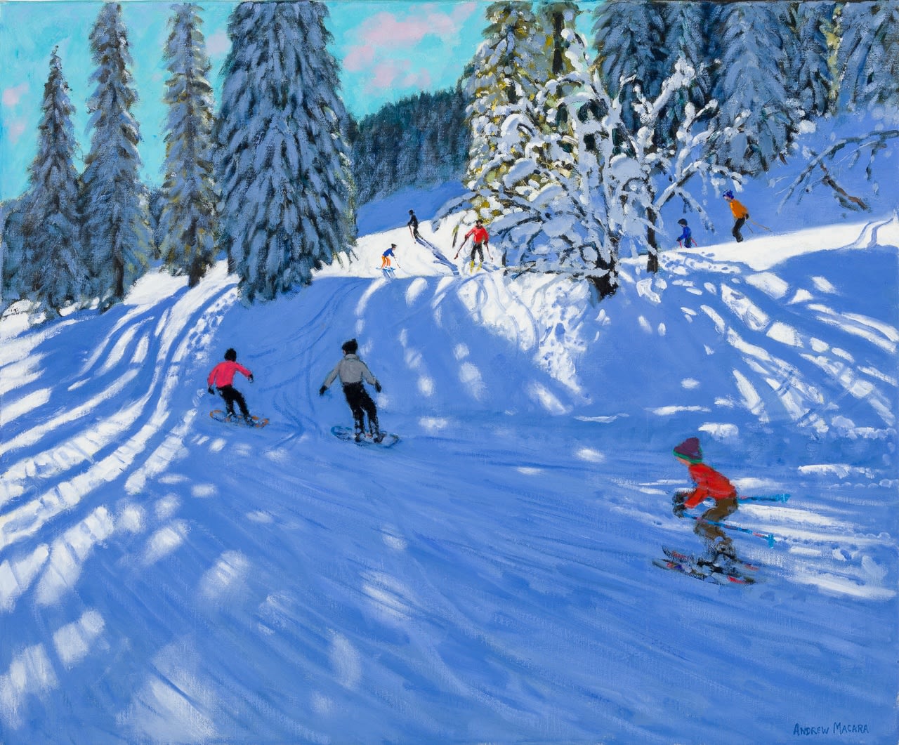 Andrew Macara RBA NEAC, Snowboarders and Skiers, Morzine, France