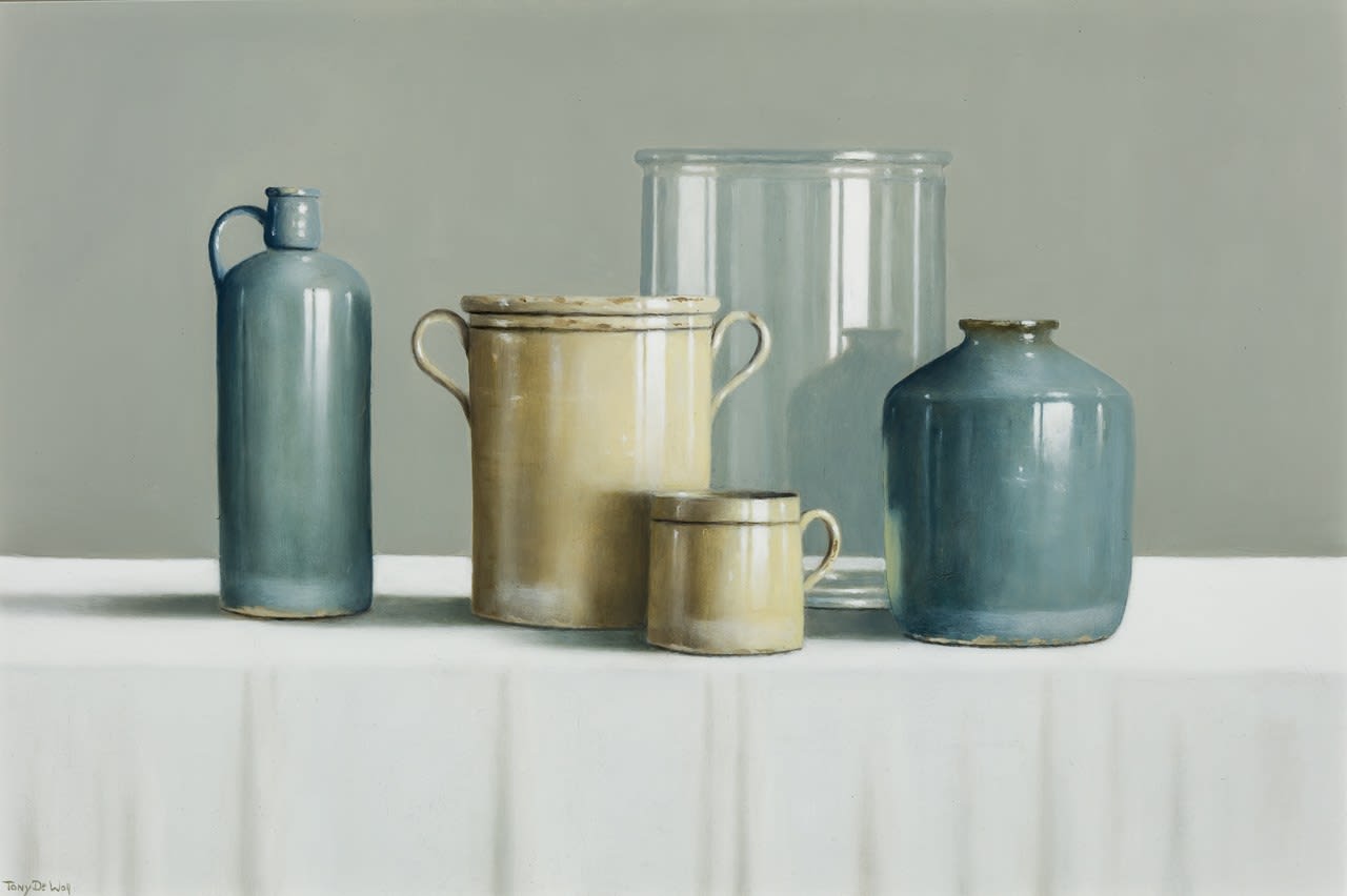 Tony de Wolf, Still Life of Four Porcelain and Glass Vessels