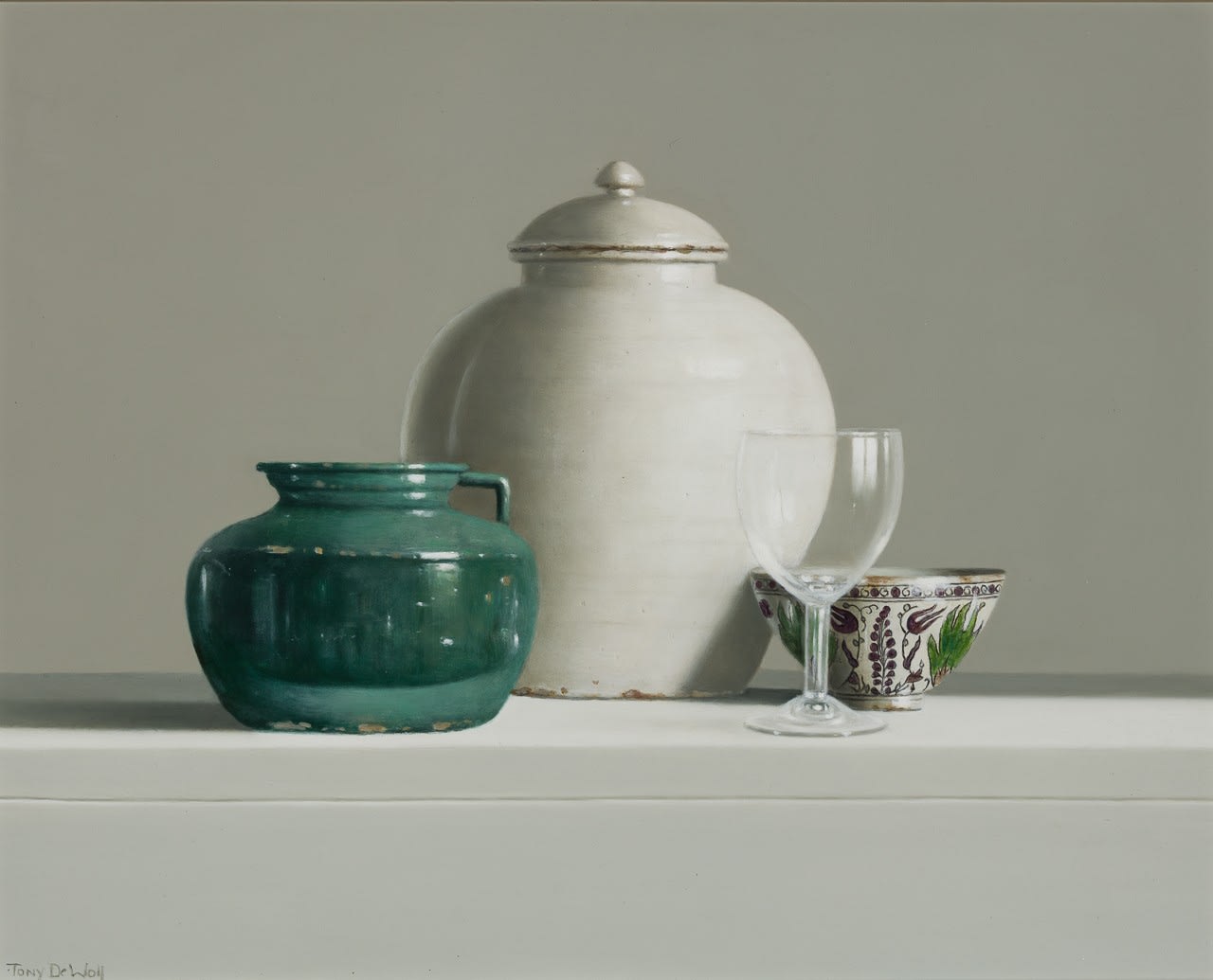 Tony de Wolf, White Vase, Green Jug, Bowl and Glass