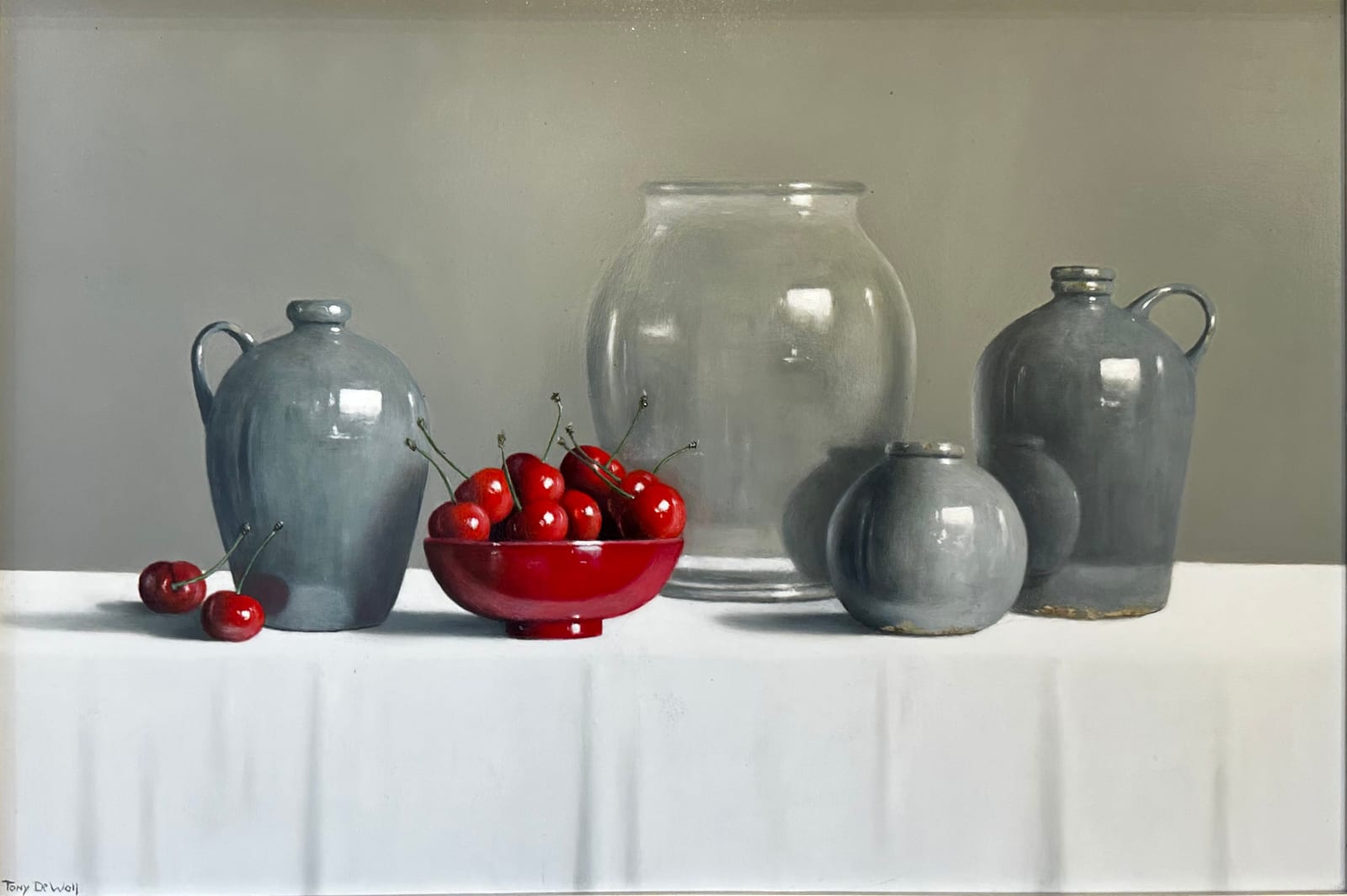Tony de Wolf, Blue Jugs, Small Pot, Glass Vase and Bowl of Cherries