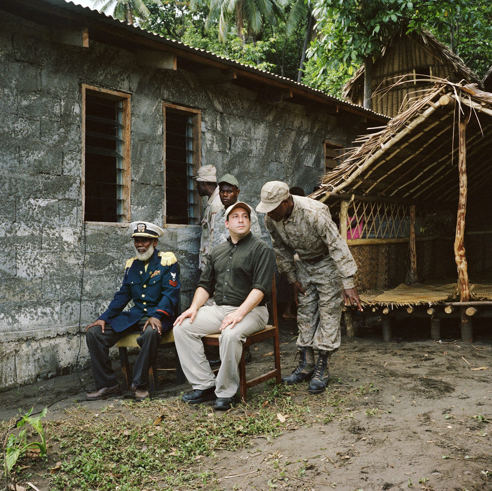 Jon Tonks, Chief Isaac Wan and Cevin Soling during John Frum Day celebrations, Sulphur Bay, Tanna, Vanuatu, 2017
