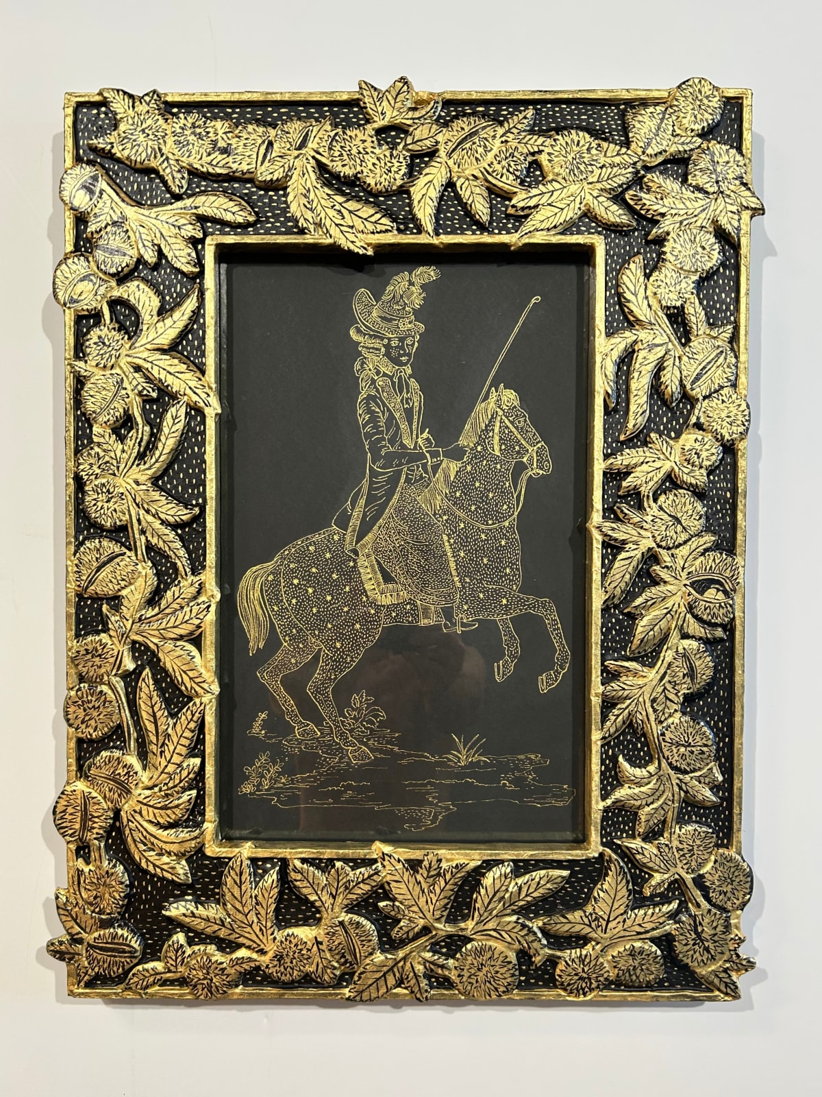 Mark Gagnon, Chestnut Relief Frame with Horse & Rider Drawing, 2025