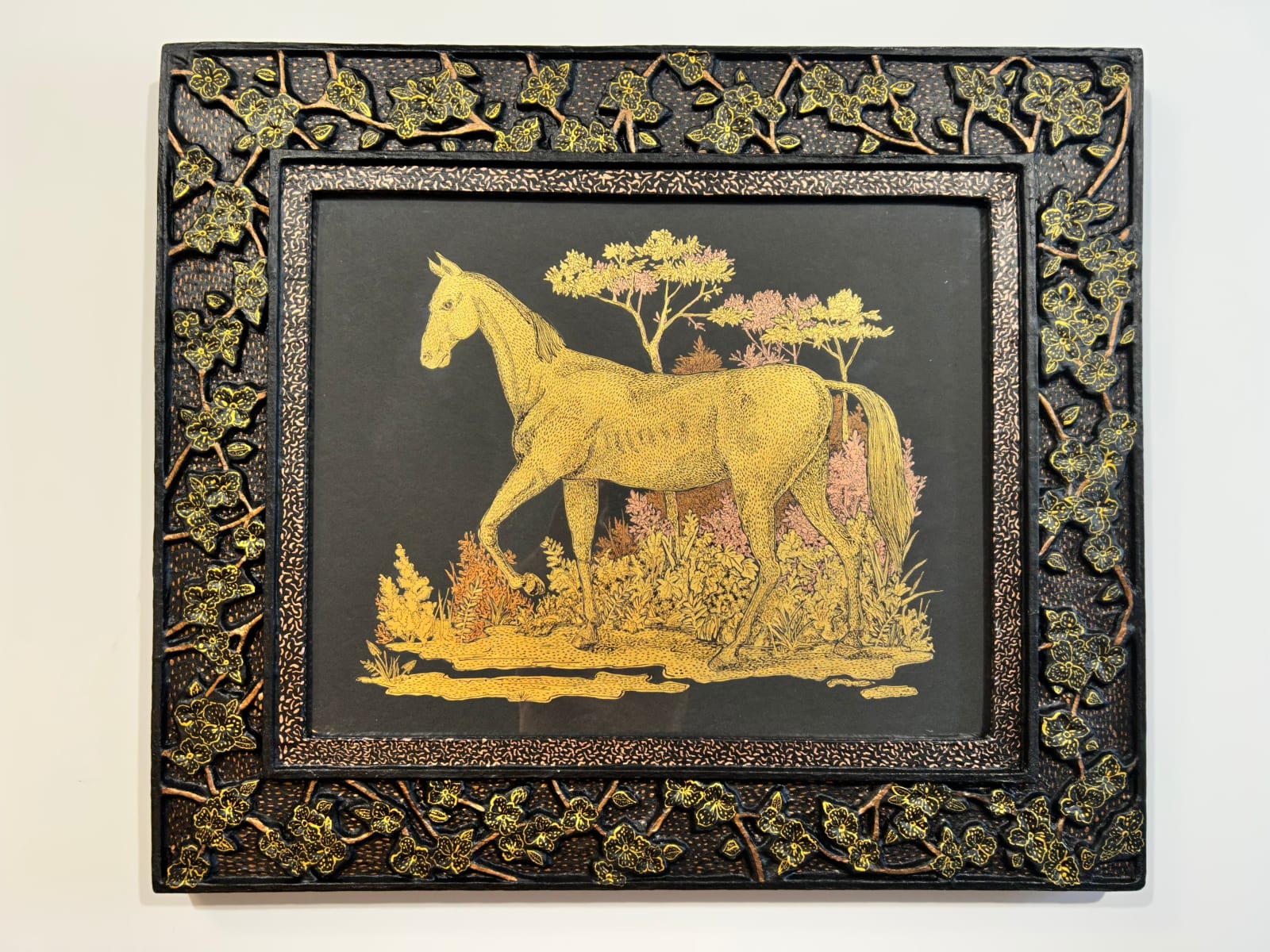 Mark Gagnon, Dogwood Relief Frame with Horse in Landscape Drawing, 2025