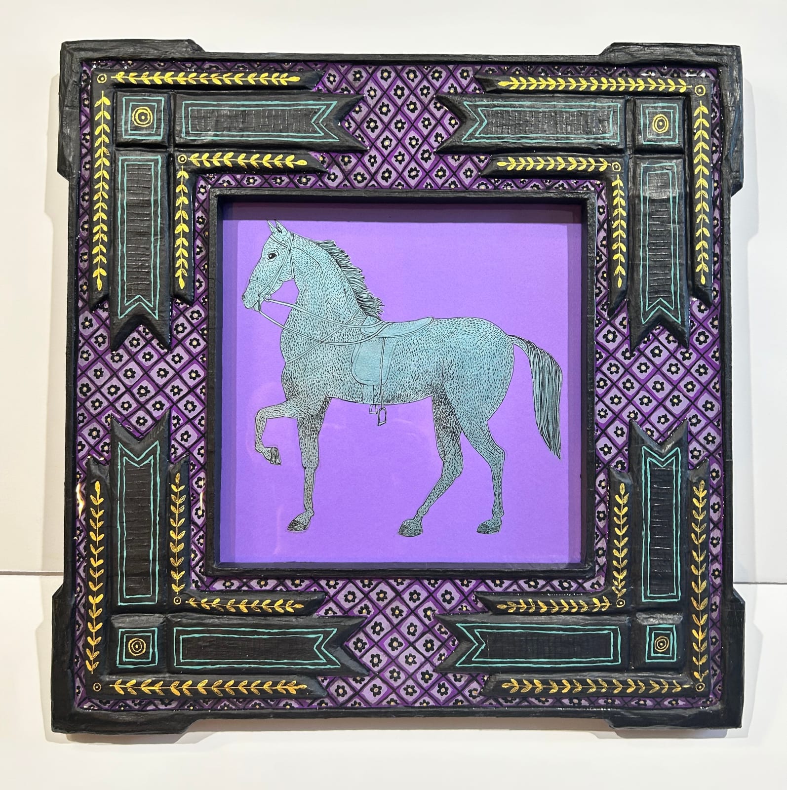 Mark Gagnon, Victorian Style Ribbon Frame with Horse Drawing on Purple Paper, 2025