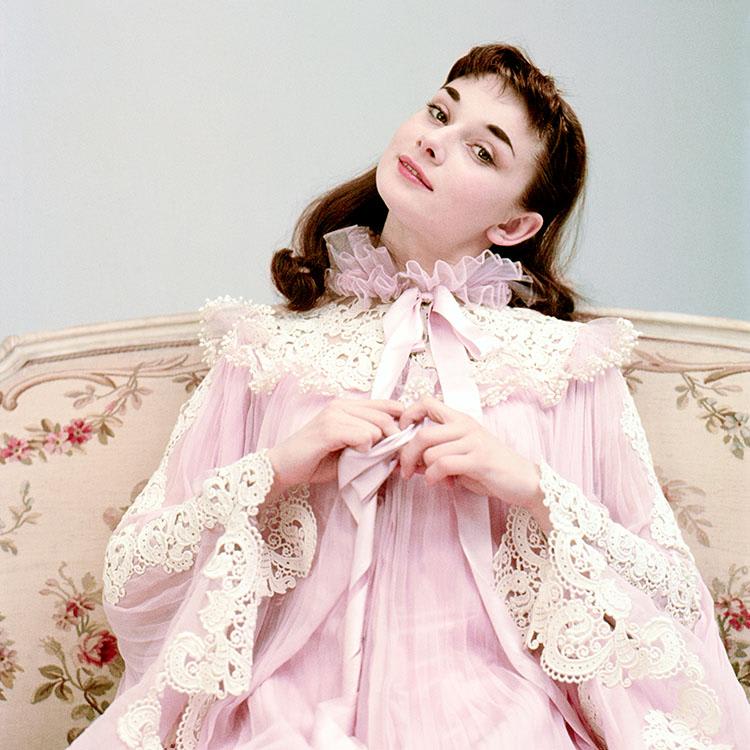 NORMAN PARKINSON, Audrey Hepburn Pink Lace Nightgown, 1952