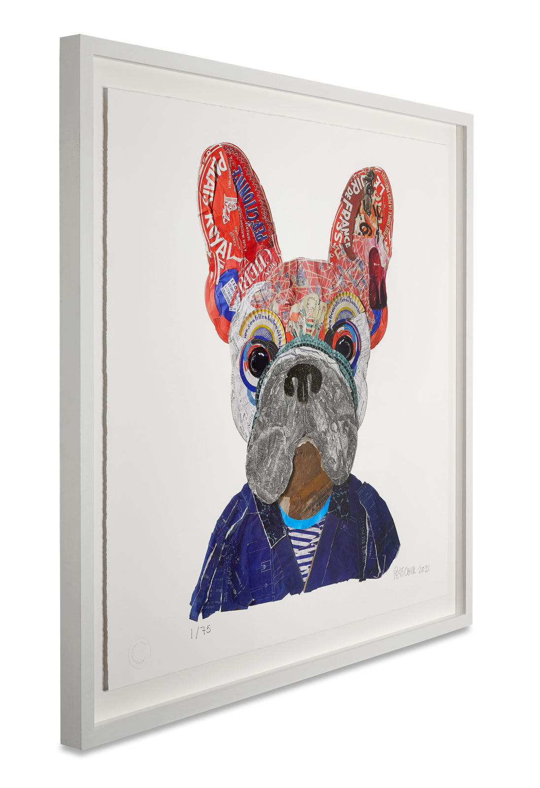 Mon Cheri grey French bulldog in striped top and navy blue jacket collaged print by peter clark at turner art perspective and tap galleries