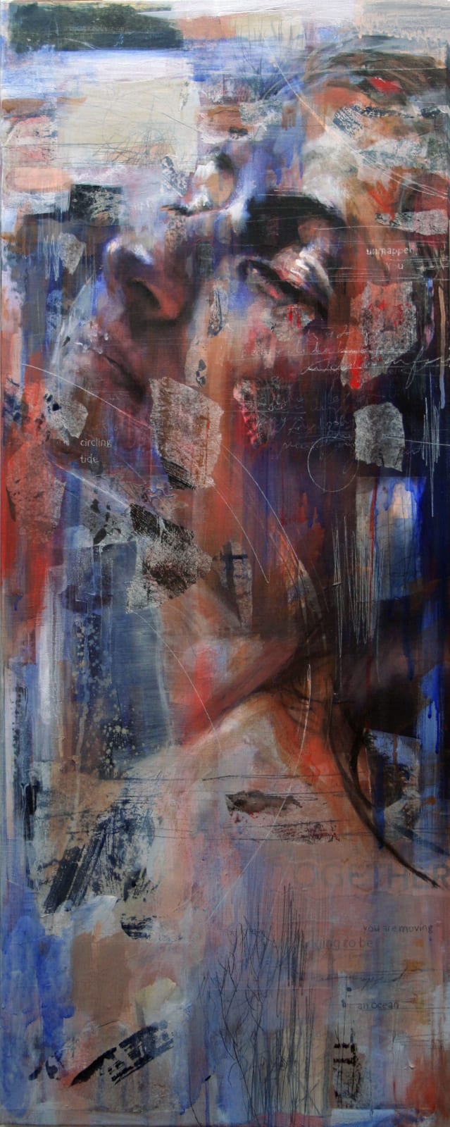 Painting of girl eyes closed looking up on canvas