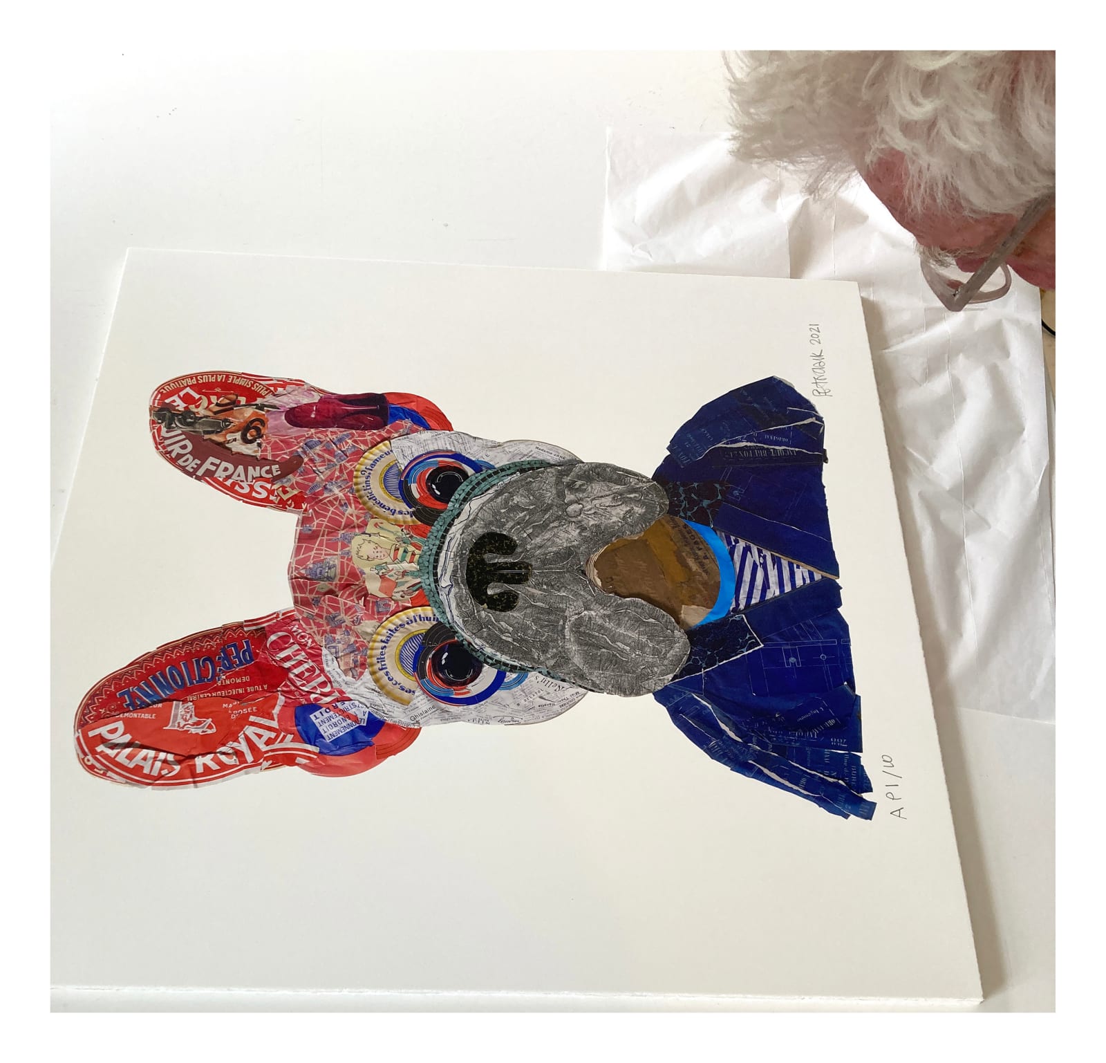 Mon Cheri grey French bulldog in striped top and navy blue jacket collaged print by peter clark at turner art perspective and tap galleries
