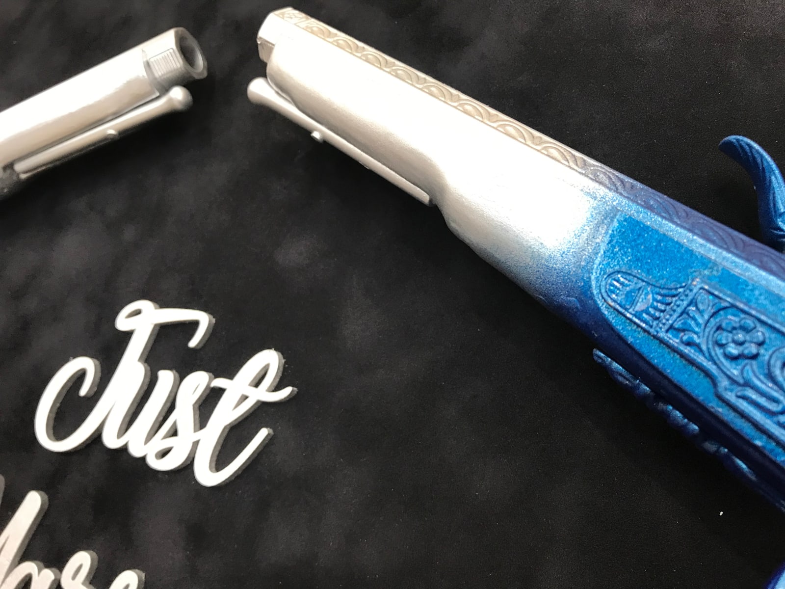 Blue & silver duelling pistols