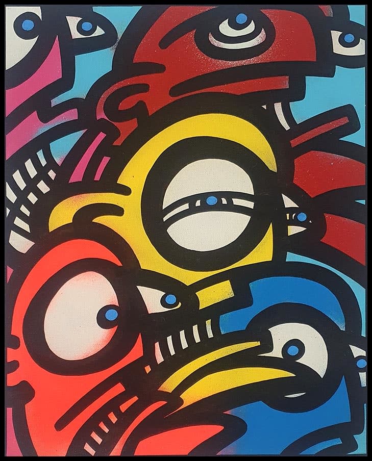 Galo, Artist, Solzo, Colour, Faces, Yellow, red, blue, pink, Turner Art Perspective, Essex Chelmsford Art Gallery