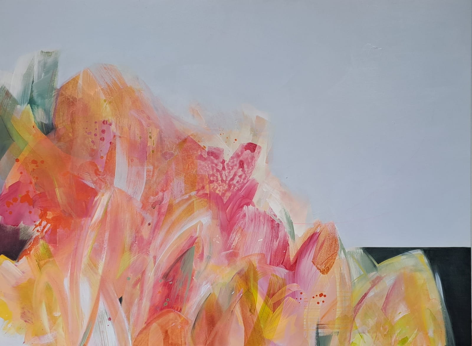 Claire Chandler, Artist, Waters Edge, original on canvas, Abstract, Pink, Orange, Yellow, Green, Turner Art Perspective, Essex Chelmsford Art Gallery