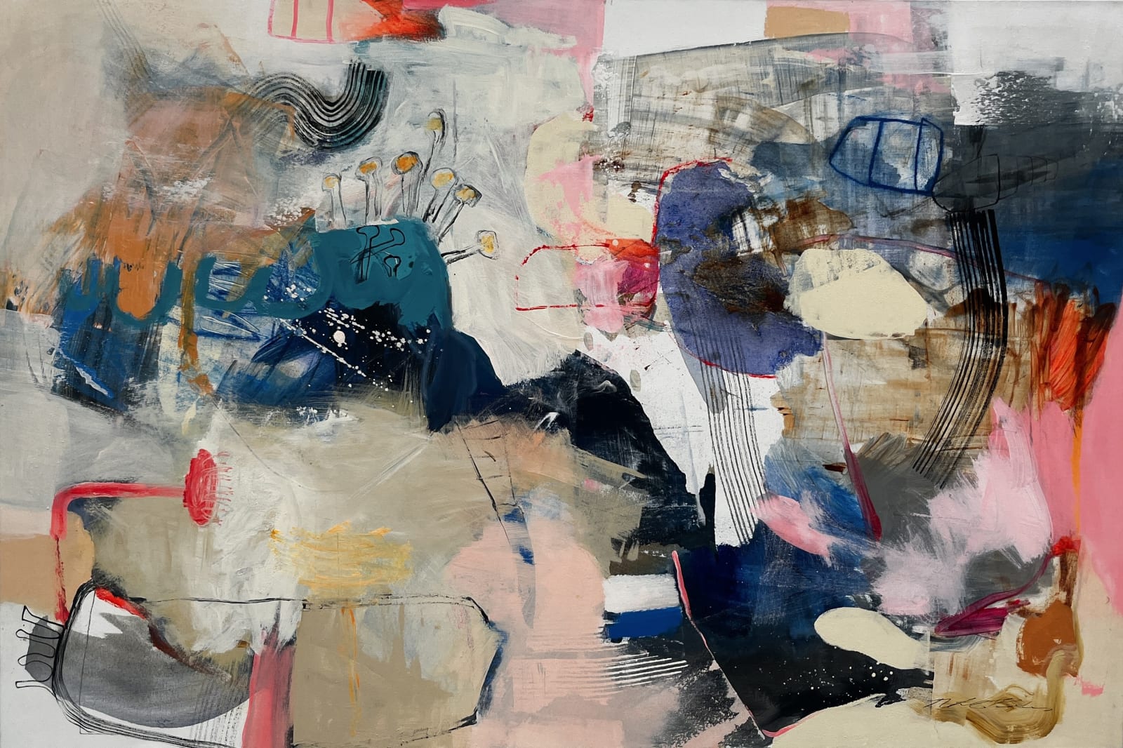 Original acrylic painting on canvas by South African artist Natasha Barnes, titled Chamomile Garden depicting a colourful abstract made of blues, pinks and browns with an abstracted chamomile flower. Turner Art Perspective Essex Gallery
