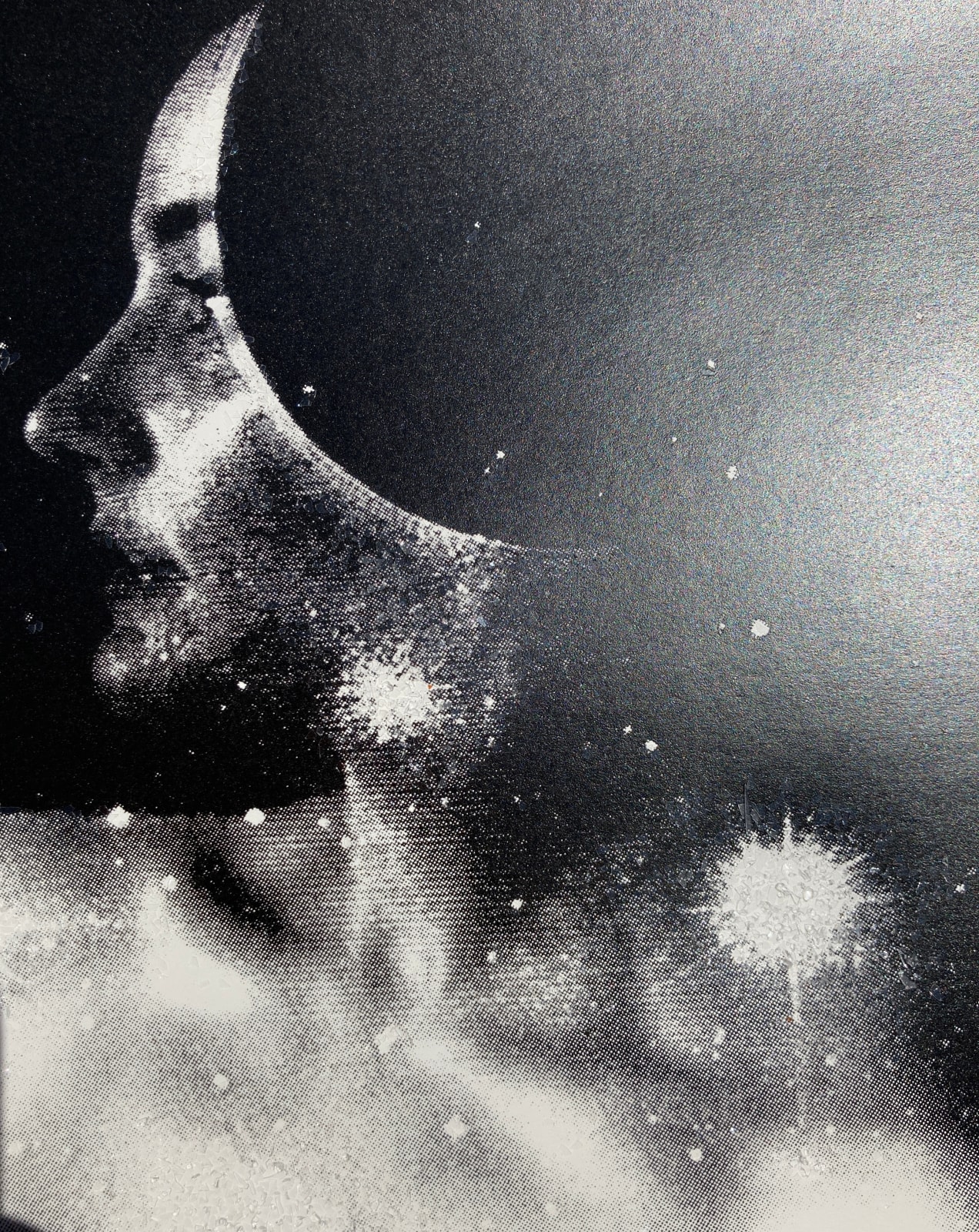 Rosie Emerson British artist creating black and white print of singer using diamond dust