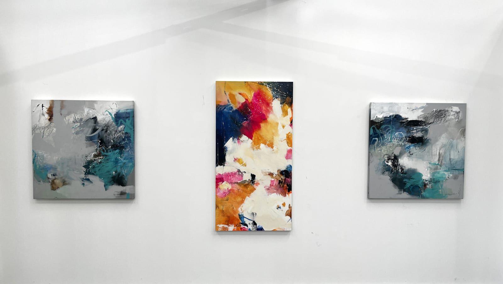 Original Abstract painting on canvas by south african artist Natasha Barnes titled Essaouira I depicting an abstract array of grey blue colours. Turner Art Perspective, Essex Gallery.