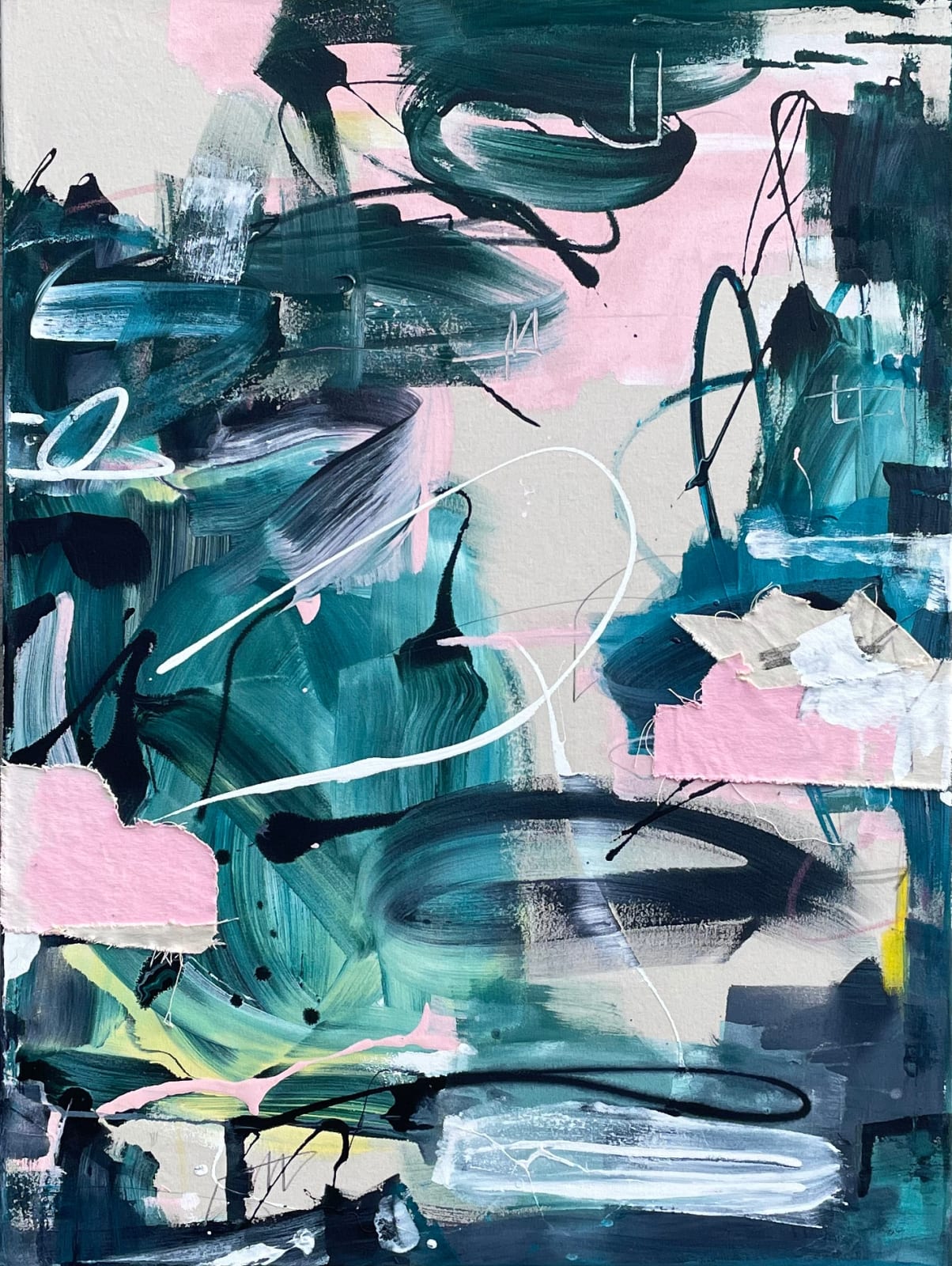acrylic abstract painting onto raw cnavs using added textiles in green blue pink white tones