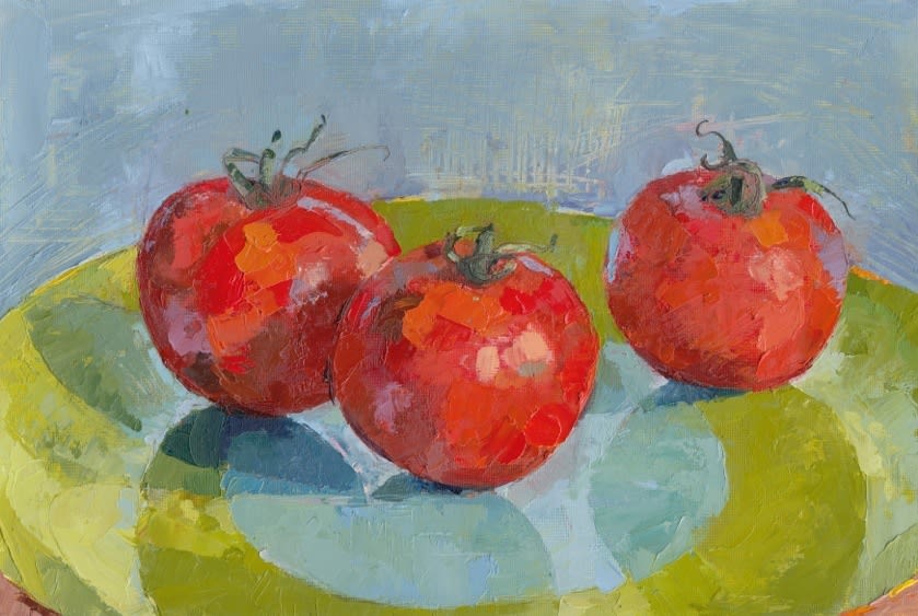 Carol Peace, Three Tomatoes on Green and Blue Plate